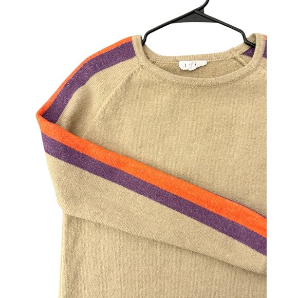 THML XS Beige Knit Sweater Colorblock Stripe Sleeves Purple Orange Crewneck - Picture 6 of 10